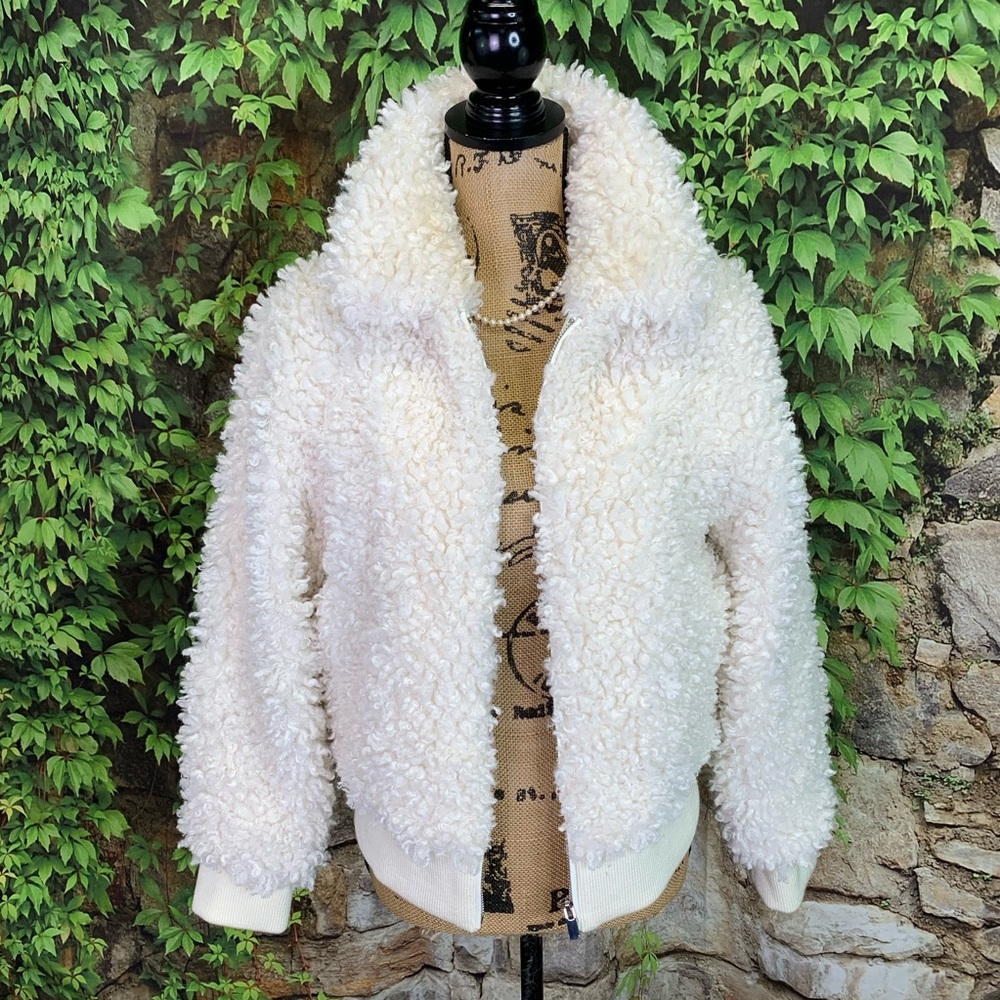 MAJE Plush Off White Blanche Sherpa Style Luxury Bomber Jacket, M - Picture 6 of 16